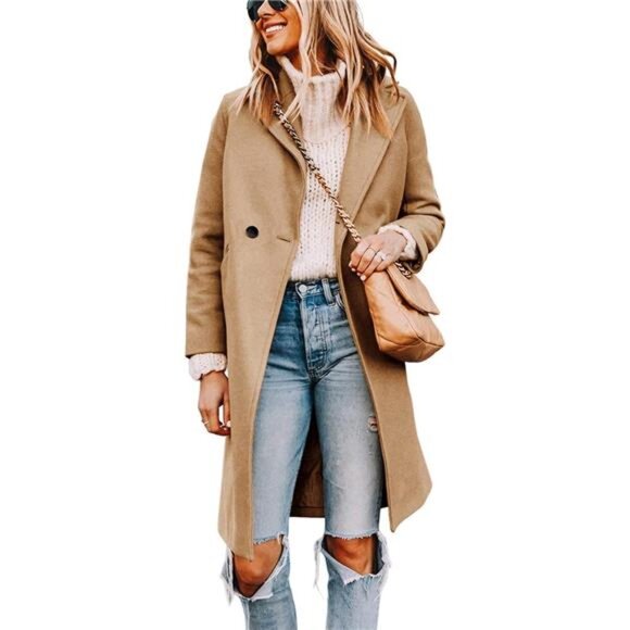 Women's Notch Lapel Double Breasted Wool Khaki - Picture 1 of 1